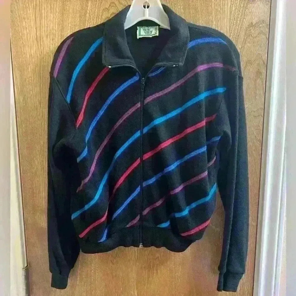 Vintage Winning Ways Retro 80s Black Zip Sweater With Multicolored Stripes Women